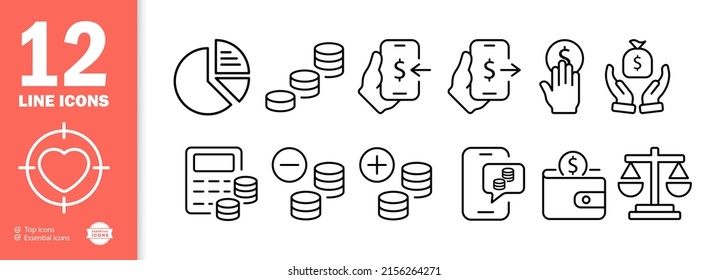 Money set icon. Career, income, profit, salary, dollar, scales, gold, bag, purse, expenses. Accounting concept. Vector line icon for Business and Advertising