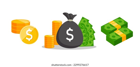 Icono de juego de dinero. Carrera, ingresos, beneficios, salario, dólar, bolsa de dinero, oro, billetes, gastos. Concepto contable. Icono de vector de color para negocios y publicidad.