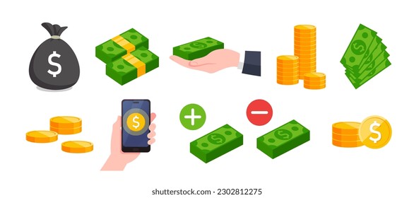 Money set icon. Career, income, profit, salary, dollar, stack of money, gold, bill, bag, expenses. Accounting concept. Colored vector icon for business and advertising.