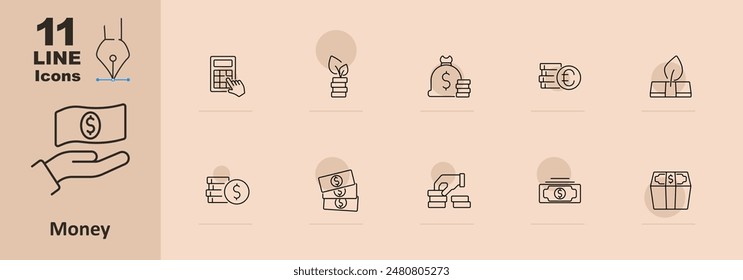Money set icon. Cash, hand holding money, calculator, money bag, stack of coins, euro, plant growing from coins, dollar bill. Finance, banking, savings, investment, wealth concept.