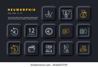 Money set icon. Cash reporting, euros, startups, storing dollars, deposit for different currencies, cashback, exchange for cryptocurrency, card. Neomorphism style. Vector line icon