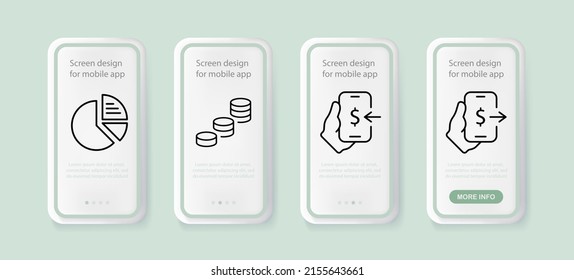 Icono de juego de dinero. Gráfico, monedas, teléfono, dólar, ingresos, ganancias, pérdidas, salario, carrera. Concepto de pago. pantallas de aplicación de la interfaz de usuario con personas. Icono de línea de vector para negocios y publicidad