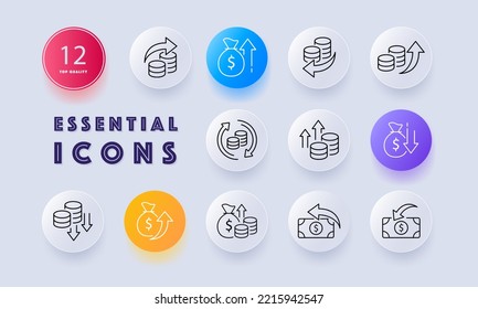 Money set icon. Check, receipt, mailing, transfer, bill, coin, atm, terminal, contactless payment. Transaction concept. Neomorphism style. Vector line icon for Business and Advertising