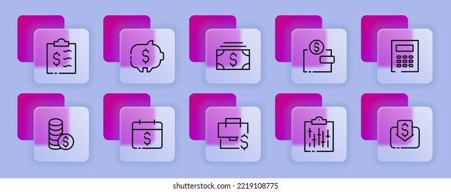 Money set icon. Check, transaction, bank, calculator, stack coin, envelope, order, cash, tax, shield, salary, bill. Shopping concept. Glassmorphism style. Vector line icon for Business and Advertising