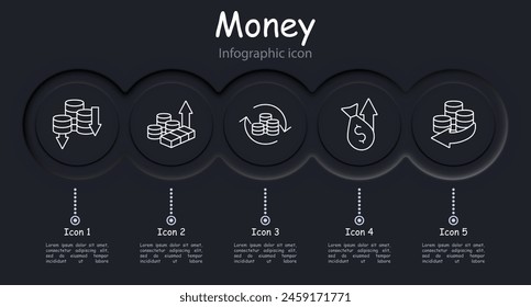 Money set icon. Coins, arrows, profit, losses, financial cycle, deposit, investment, increasing profit, bullion, dollar, bank transfer, large amount of money, infographic. Working with money concept.