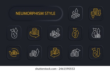 Money set icon. Coins, arrows, profits, losses, financial cycle, deposit, investment, increasing profits, bullion, dollar, bank transfer, large money amount, neomorphism. Working with money concept.