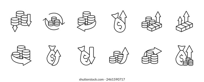 Symbol "Geldmenge". Münzen, Pfeile, Gewinne, Verluste, Finanzzyklus, Einlage, Investitionen, steigende Gewinne, Gold, Dollar, Überweisung, große Geldmenge. Arbeiten mit Geldkonzept.