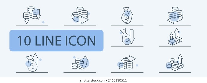 Money set icon. Coins, arrows, profits, losses, financial cycle, deposit, investment, increasing profits, bullion, dollar, bank transfer, large amount of money. Working with money concept.