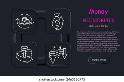 Money set icon. Coins, arrows, profits, losses, financial cycle, deposit, investment, increasing profits, neomorphism, dollar, bank transfer, large amount of money. Working with money concept.