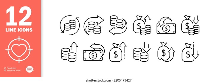 Money set icon. Coins, income, salary, arrows, database, bag, cash, dollar bill, spending, expense, banking, deposit, loan. Financial management concept. Vector line icon for Business and Advertising.