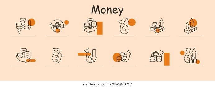 Icono de juego de dinero. Monedas, pila de monedas, bolsa de dinero, gráfico ascendente, gráfico descendente, cambio de dinero, crecimiento financiero. Finanzas, inversión, banca, economía.