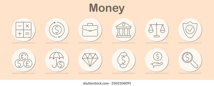 Money set icon. Currency exchange, wallet, gavel, percentage, pie chart, graph, coins, handshake, credit card, vault, cash, finance, banking, currency, savings, investment, economy, trade, capital.
