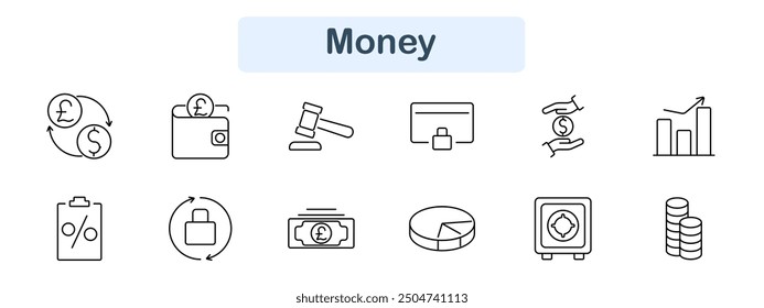 Money set icon. Currency exchange, wallet, gavel, lock, hand, graph, percentage, pie chart, coins, cash, secure, finance, banking, digital, investment, currency, savings, money.