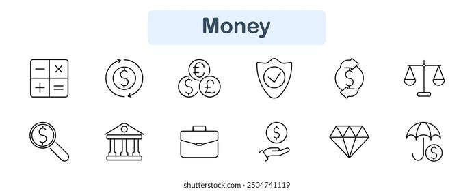 Money set icon. Currency exchange, wallet, gavel, lock, hand, graph, percentage, pie chart, coins, cash, secure, finance, banking, digital, investment, currency, savings, money.