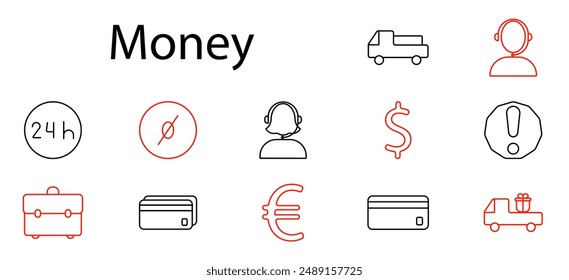 Money set icon. Currency, truck, credit card, euro, dollar, alert, headset, suitcase, payment, finance, banking, online transaction, customer support, delivery, cash, economics.