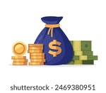 Money set icon. Dollar, money bag, gold, banknote. Money bag flat illustration