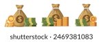 Money set icon. Dollar, money bag, gold, banknote. Money bag flat illustration