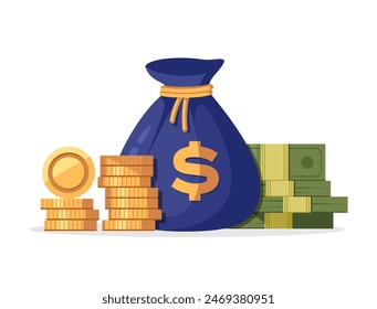 Money set icon. Dollar, money bag, gold, banknote. Money bag flat illustration