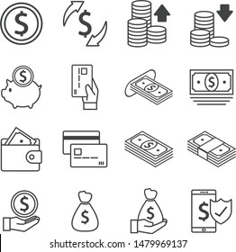 Money set icon, dollar, bank, coin, credit card, and smartphone security.