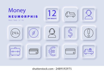 Money set icon. Dollar, euro, credit card, wallet, truck, 24 hours, customer service, alert, finance, transaction, gift, briefcase.