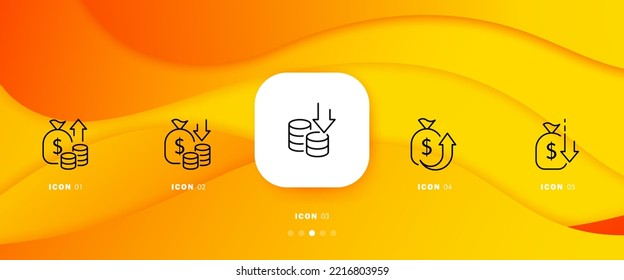 Money set icon. Earnings, payment, transaction, banking, analytics, income, money bag, bill, dollar. Black accounting concept. Infographic timeline with icons and 5 steps Vector line icon for Business