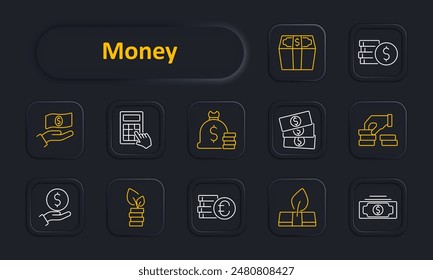 Money set icon. Hand with cash, calculator, money bag, stack of bills, coins, investment, euro, dollar, growth, wallet, donation. Finance, savings, currency, economics, budgeting, wealth concept.