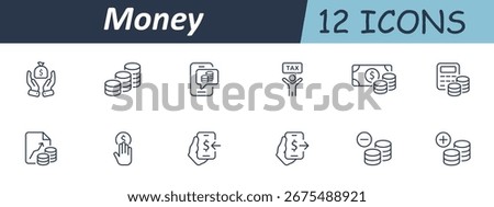 Money set icon. Line hands, coins, stacks, phones, charts, calculators, arrows, and labels showing tax, transfer, add, remove, send, receive, finance operations