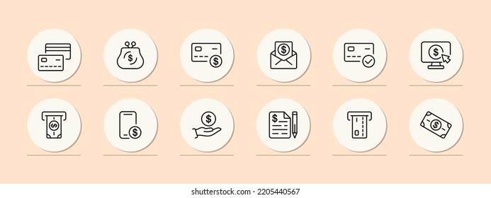 Money set icon. Wallet, dollar, income, salary, card, mailing list, check, online store, coin, atm, contract, oline bank, profit, credit, deposit. Pastel color background. Vector line icon