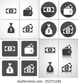 Money set icons: money bag, purse. Set elements for design. Vector illustration