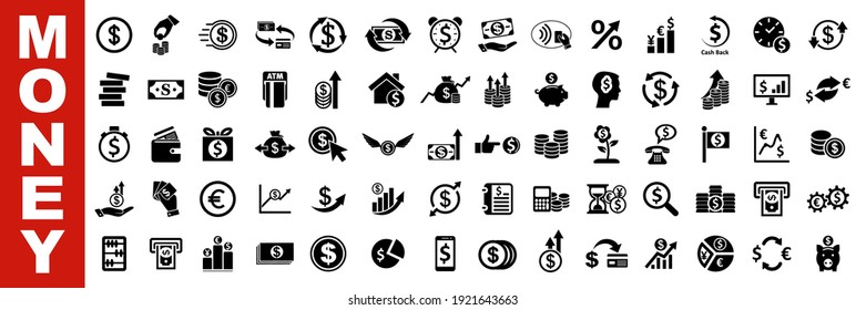 Money set icons. Set of coins, dollar, banking credit card payment, currency exchange, cashback, wallet, money service, capital increase, savings accumulation, dollar rate increase – stock vector