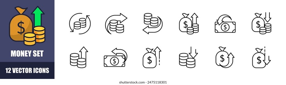 Money set icons. Coins icons. Linear style. Vector icons.