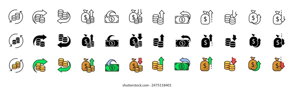 Money set icons. Coins icons. Linear, silhouette and flat styles. Vector icons.