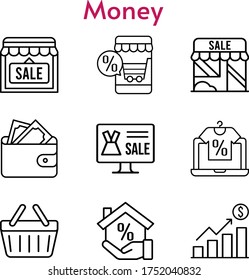 money set. included online shop, profits, shop, wallet, mortgage, shopping basket icons. linear styles.