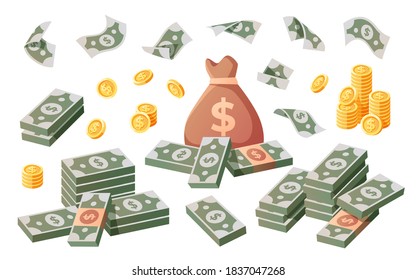 Geldmenge einzeln. Flache Vektorgrafik. Heap of Dollars, Stapel goldener leuchtender Münzen. Bargeld und Banknoten fliegen. Zeichen und Symbole. Moderner, einfacher Stil.