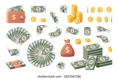 Geldmenge einzeln. Flache Vektorgrafik. Heap of Dollars, Stapel goldener leuchtender Münzen. Bargeld und Banknoten fliegen. Zeichen und Symbole. Moderner, einfacher Stil.