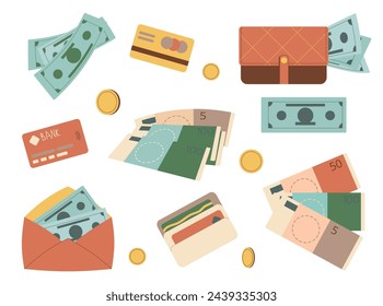 Money set isolated on white background. Financial collection. Banknotes, credit card, euro and dollar coin purse. Vector flat illustration.