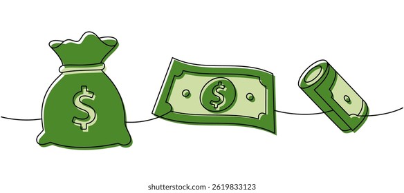 Money set one line colored continuous drawing. Money investment and finance. Vector illustration.