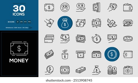 Money set of outline icons related to analysis, infographic, analytics. Editable stroke. Vector illustration.