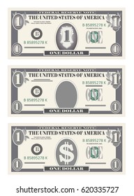 Money Set, Paper Banknotes One Dollar In Gray Color.  Vector In Simple, Flat Style In Three Variants. Isolated On White Background. Usa Banking Currency, Cash Symbol 1 Dollar Bill. Vertical Location.