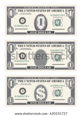 Money set, paper banknotes one dollar in gray color.  Vector in simple, flat style in three variants. Isolated on white background. Usa banking currency, cash symbol 1 dollar bill. Vertical location.