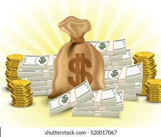 Money set. Paper money, stack of gold coins, sack of dollars.Vector illustration 