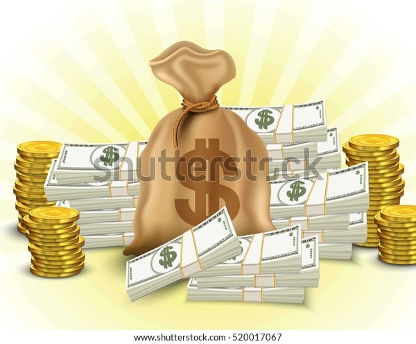 お金セット 紙幣 金貨の山 ドルの袋 ベクターイラスト のベクター画像素材 ロイヤリティフリー