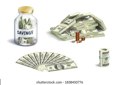 Money set: stack and bundles of dollar bills and coins and jar for money savings realistic 3d rendering isolated on white background. Economy and finance concept. Vector illustration
