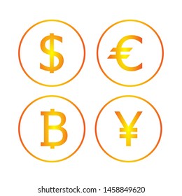 Money Set vector icon. Dollar,  Euro, Yen, Bitcoin.  illustration isolated on white background.