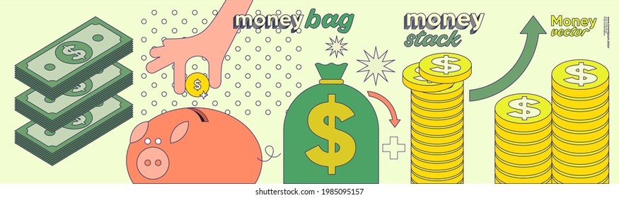 Money. Set of vector illustrations. Funny cartoon style. Cash is digital money, business objects and icons with a stroke. 