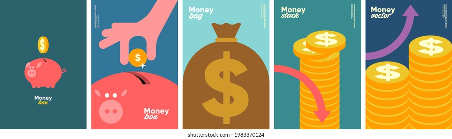 Money. Set Of Vector Illustrations. Simple Background Illustration About Money, Finance And Business. Funny Cartoon Style. Perfect For Social Banner, Cover, Poster Or Flyer.