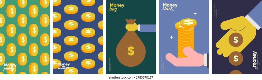 Money. Set of vector illustrations. Simple background illustration about money, finance and business. Funny cartoon style. Perfect for social banner, cover, poster or flyer.