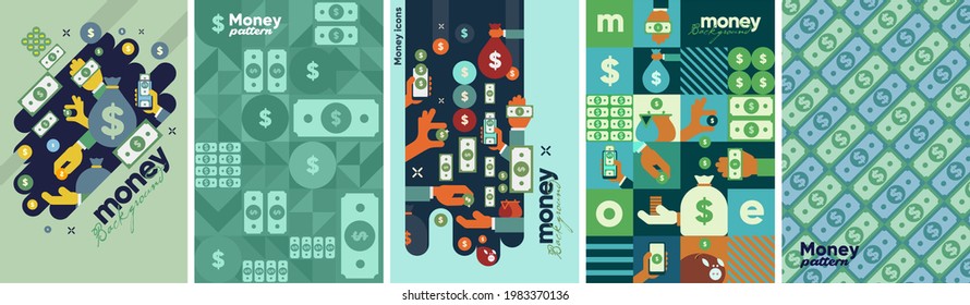 Money. Set of vector illustrations. Simple background illustration about money, finance and business. Funny cartoon style. Abstract geometric patterns. Perfect for social banner, cover, poster.
