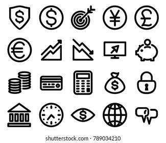 Money set vector lines icons. Includes such icons as  piggy Bank, calculator, currency, cash, coins and more. 32x32 pixel.