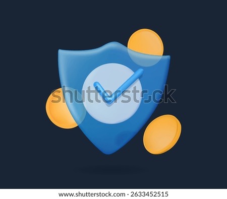 Money and shield 3D render illustration, concept for finance securance, money safety. Money protection, financial saving insurance, safe business economy vector. Isolated on dark blue background